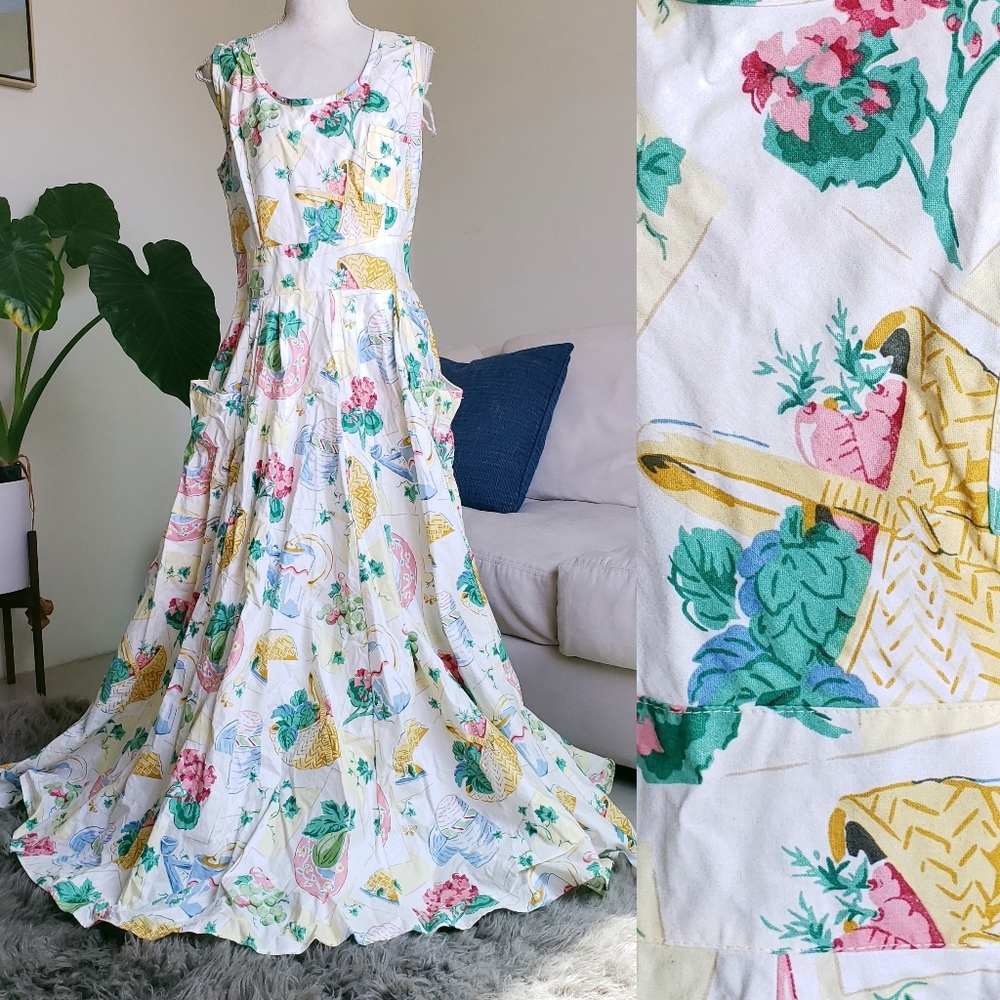 Vintage 80s Karen Alexander Picnic Floral Print White Maxi Pocket Dress